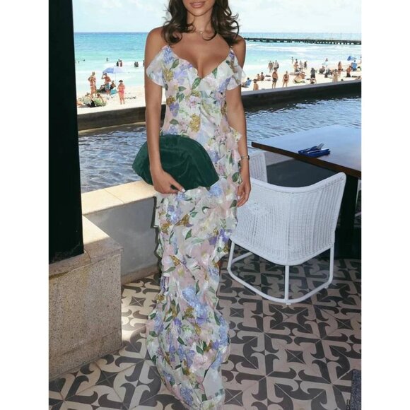 ELLIATT Wilhelmina Floral Print Ruffle Chiffon Maxi Dress in Pink Multi Size XL - Picture 2 of 11